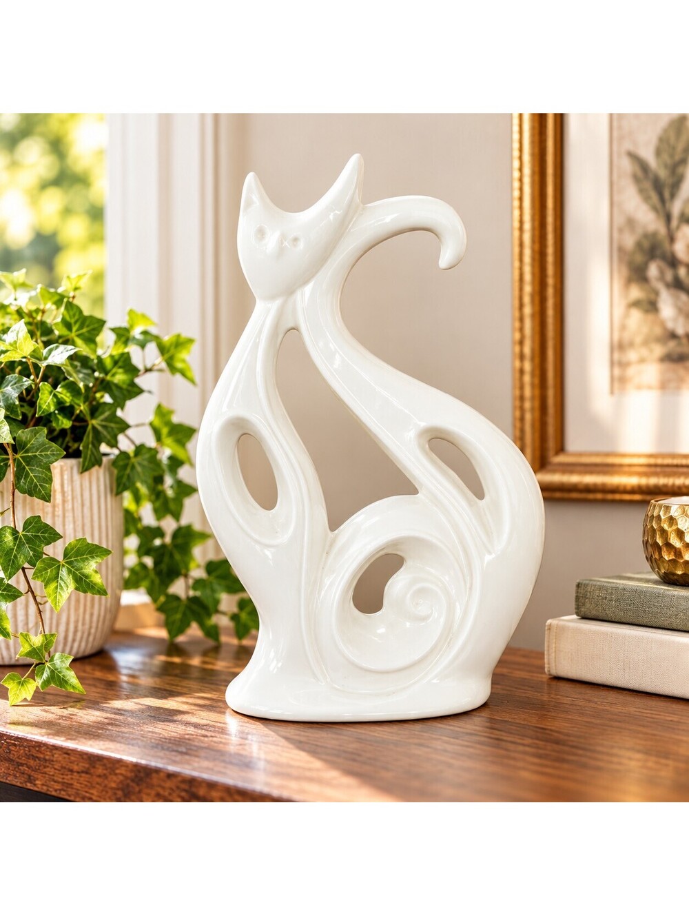 White Ceramic Cat Figurine Abstract Modern Contemporary Sculpture Home Decor